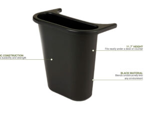 A black plastic trash bin with two handles is shown. Text highlights its plastic construction, 11.7 height for fitting under desks or counters, and black material for blending into any environment. - Bay Bargains www.bay.bargains